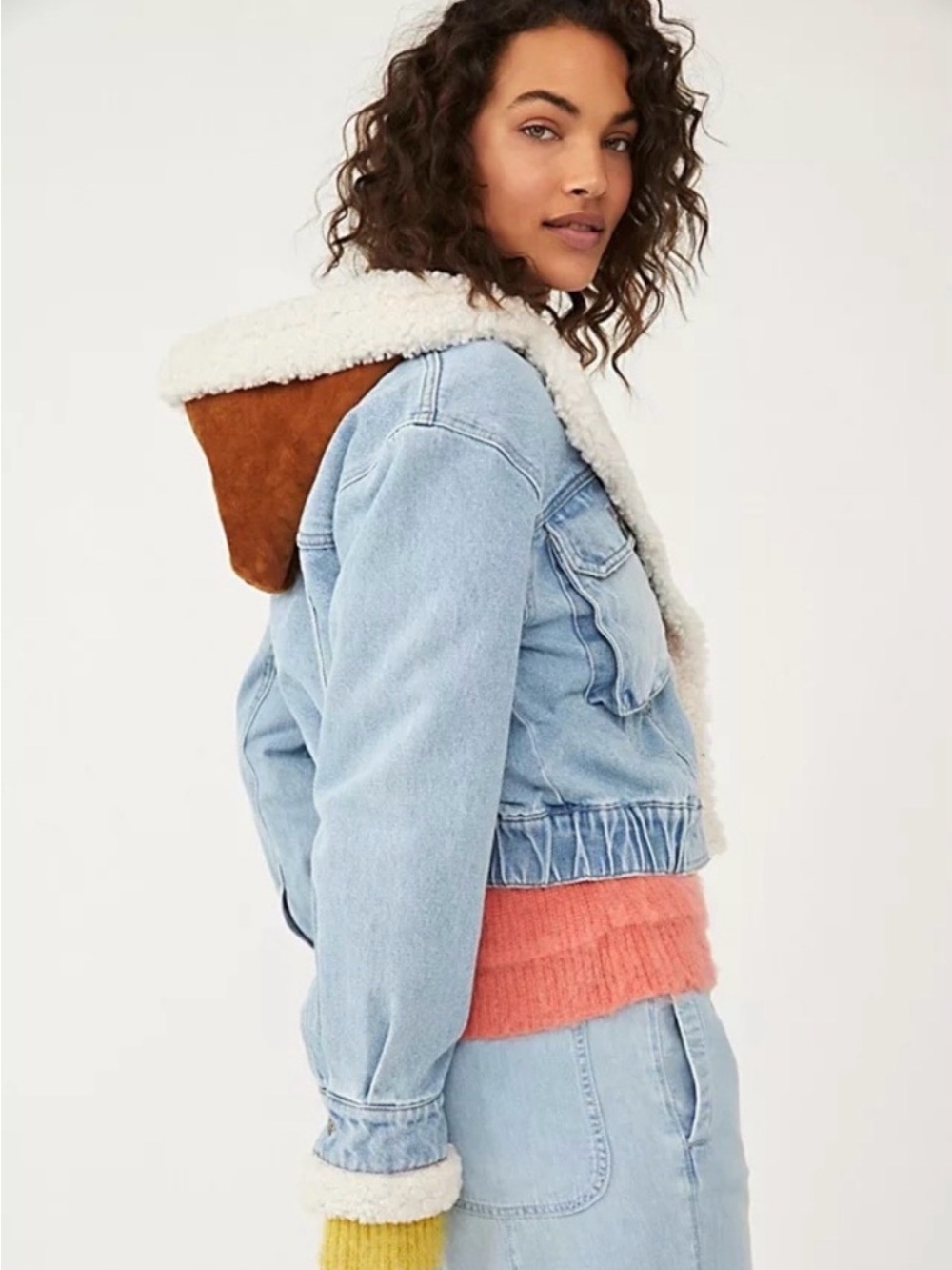 Free People Perry Hooded Denim Jacket Blue Sherpa Trim Cropped